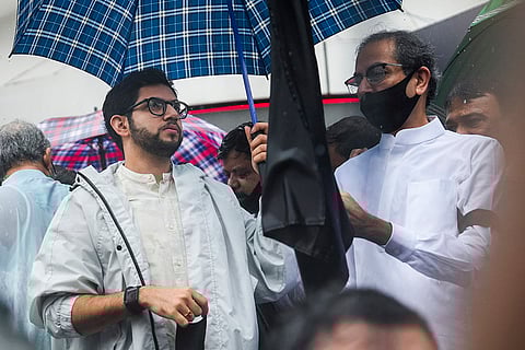Badlapur sexual assault case: Shiv Sena (UBT) chief Uddhav Thackeray, party leader Aaditya Thackeray during a peaceful protest in Mumbai